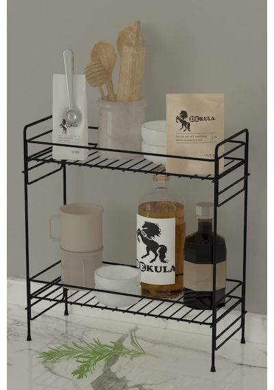 2 Katlı Mutfak Rafı Banyo Dolabı Çok Amaçlı Düzenleyici Baharatlık Masa Üstü Tezgah Raf Organizer 35x15 Siyah