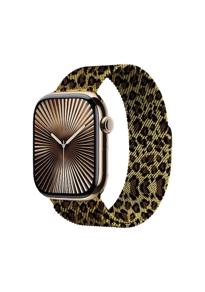 Apple Watch Uyumlu  44mm Zore Krd-01 Leopar Desenli Metal Kordon