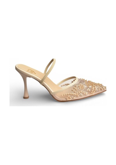 Fox Shoes Y726462415 Bej File Boncuk İşlemeli İnce Topuklu Ayakkabı Bej