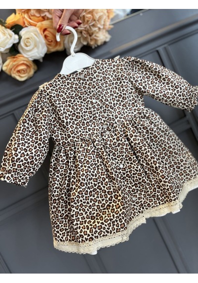 Dantel Detaylı Leopar Desenli Pamuklu Kız Çocuk Bebek Elbise 001