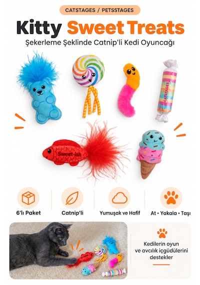 Petstages Kitty Sweet Treats Şekerleme Şeklinde Catnip'li Kedi Çiğneme Oyuncağı 6'lı Paket