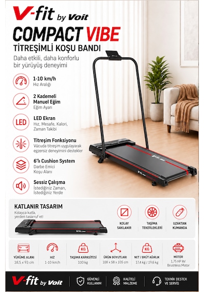 Voit V-fit By Compact Vibe Dual Line Titreşimli Yürüyüş Bandı 10 Km/sa Bluetooth Manuel Eğimli