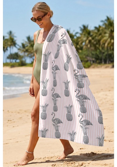 Flamingo Ananas Çizgili Plaj Havlusu - Tropikal Modern Pembe Marine Hızlı Kuruyan Mikrofiber Havlu Köpük Bahçe