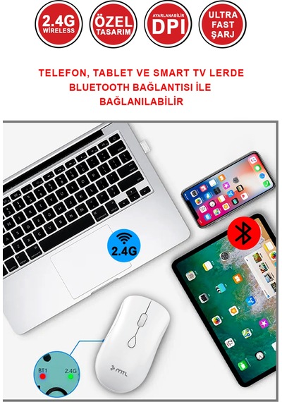 İnce Tasarım Şarj Edilebilir Kablosuz Ve Çift Modlu Bluetooth Sessiz Mouse 800 1200 1400 Dpı Mt8124 Diğer