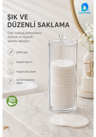 Kapaklı Şeffaf Makyaj Pamukluğu Disk Pamuk Saklama Kutusu 7x7x20 Cm