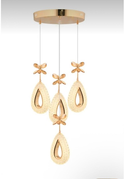 LumiaLighting Damla Model 4'lü Gold Kumandalı 3 Renk Modu Ledli Kristal Taşlı Modern Salon Mutfak Oturma Odası Led Avize Altın