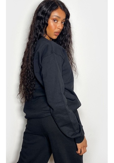Minimal Eşofman Takımı Sweatshirt Jogger - Baskılı Oversize Bisiklet Yaka Şardonlu Lastik Paça Siyah