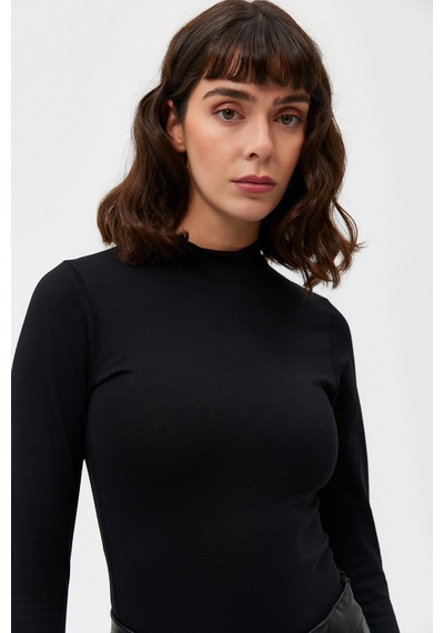 Açelyaokcu Yarım Balıkçı Dik Yaka Altı Çıt Çıtlı Bodysuit Bluz Siyah