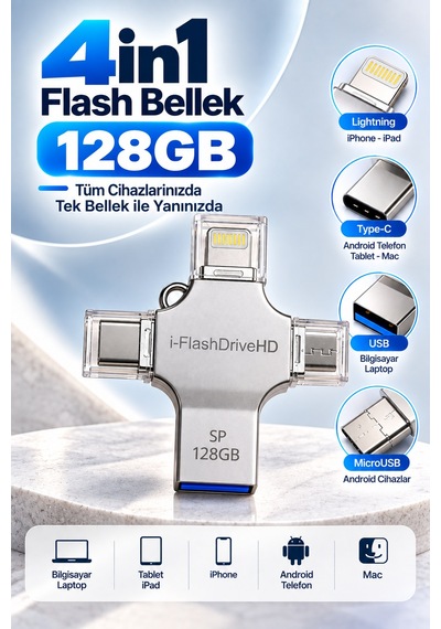 128gb 4in1 Flash Bellek Usb-a Type-c Lightning Microusb Telefon Tablet Bilgisayar Uyumlu