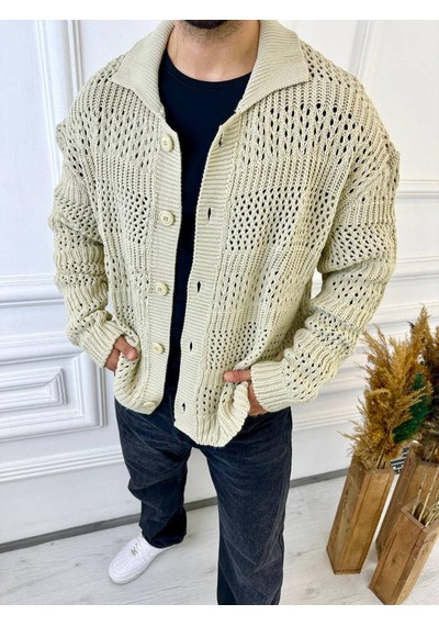 Elku Moda Hırka Oversize Özel Örgülü Triko Desenli Salaş Örgü Hırka Krem