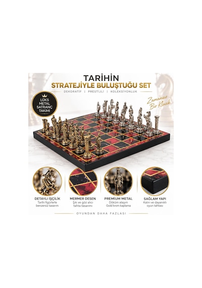 Lüks Metal Satranç Takımı Osmanlı Bizans Figürlü Krom Kırmızı Mermer Desenli 20 X 20 Premium Hediye
