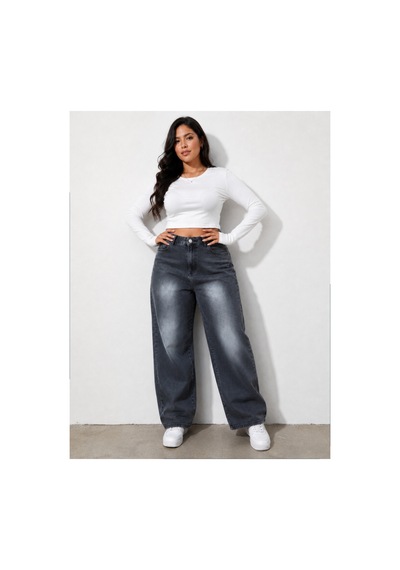 Kene Jeans Kemer Lastik Detaylı Füme İşlemli Battal Boru Paça Jeans Pantolon Füme İşlemli