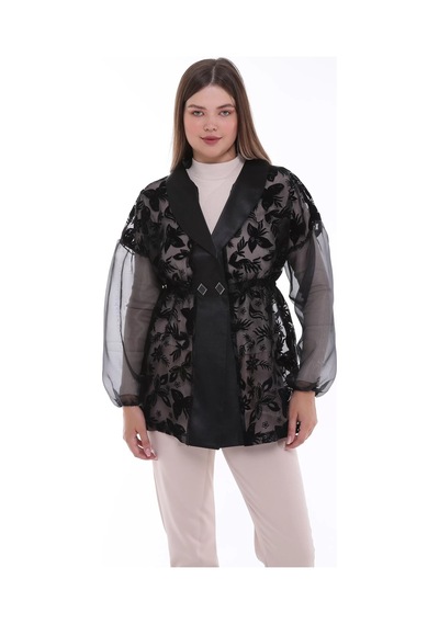 Furrier Organze Flok Baskılı Saten Detaylı Ceket Siyah