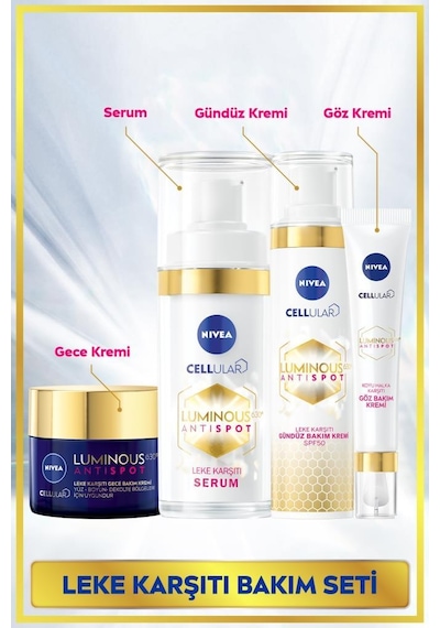 NIVEA Luminous630 Leke Karşıtı Cilt Bakım Seti,Gündüz Yüz Kremi 50ml,Gece Kremi,Cilt Serumu,Göz Kremi NIVEA Luminous630 Leke Karşıtı Cilt Bakım Seti,Gündüz Yüz Kremi 50ml,Gece Kremi,Cilt Serumu,Göz Kremi