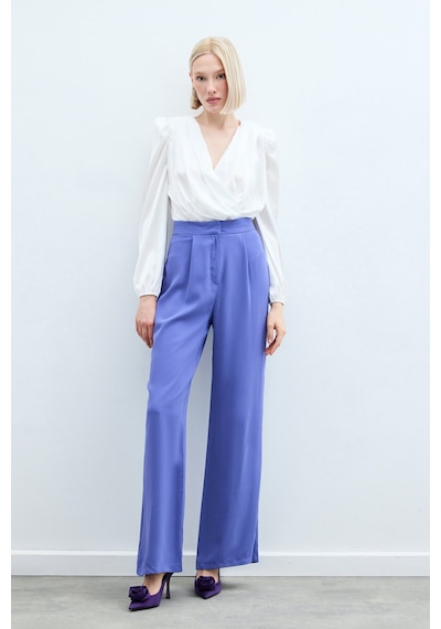 Sateen Pileli Krep Pantolon - Mor-133393 Mor