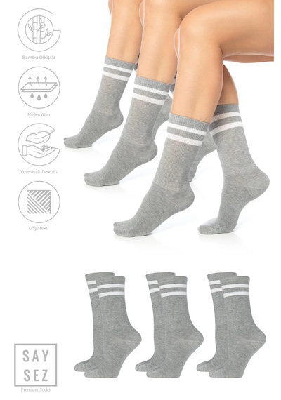 Saysez Bambu Unisex Tenis Kolej Çizgili Gri M. Dikişsiz Soket Çorap 3'lü Gri Melanj