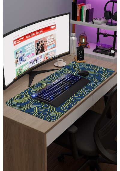 Sarı Lacivert 90x40 Xxl Taraftar Gaming Oyuncu Mouse Pad Kaymaz Taban Büyük Fare Altlığı Topography