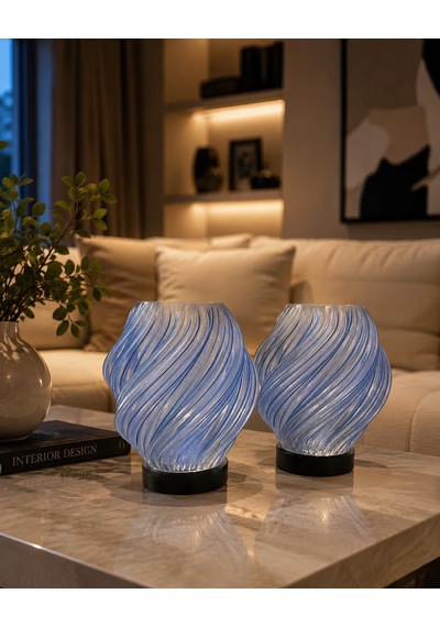 2 Adet Spiral Kablosuz Masa Lambası 11 X 13 Cm Tealight Led Işık Hediyeli Lacivert
