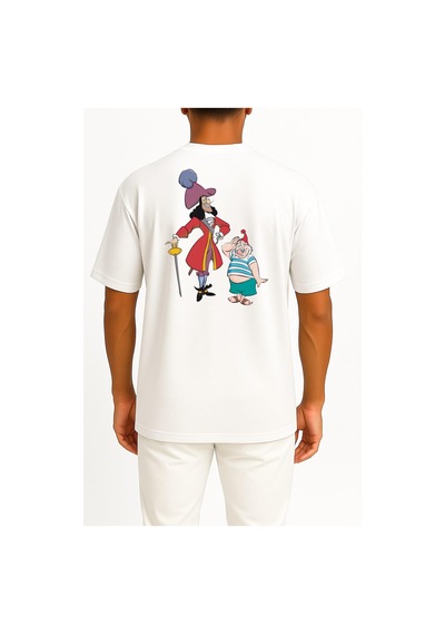 Bahriyeli Collection Oversize Tinker Bell Captain Hook Peter Pan Smee Poster Cep Ve Sırt Tasarımlı Unisex T-shirt Beyaz