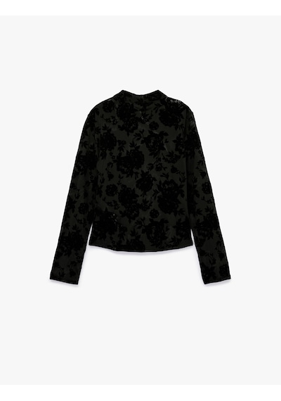 Koton Uzun Kollu Floral Dokulu Dik Qipao Yaka Tül Tişört Siyah Desenli 7wak10023uk