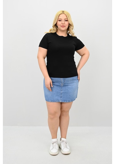 Koza Butik Kadın Büyük Beden Kısa Kollu Bisiklet Yaka Basic T-shirt 1965-25 Siyah