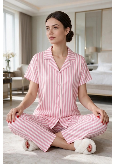 Findit Kadın Pembe Beyaz Çizgili Kısa Kollu Düğmeli Milan Kumaş Pijama Takımı