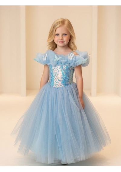 Zekids Kız Çocuk Kelebek Detaylı Tül Abiye Elbise-17246 Mavi