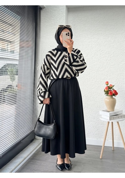 Trend Paris Retro Zigzag Desenli Oversize Örgü Triko Kazak Siyah Standart