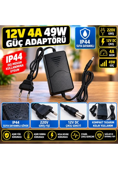 12v 4a 48w Ip44 Suya Dayanıklı Güç Adaptörü 220v Giriş 12 Volt Dc Çıkış Fişli Trafo Led Şerit Kamera Aydınlatma Adaptörü