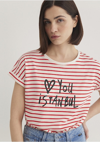 Mavi - Love You Baskılı Çizgili Istanbul Tişört 167986-26829 Beyaz