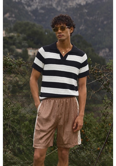 Tarz Cool Erkek Oversize Kalın Örgü Polo Yaka Triko Fileli Tişört Çizgili Vintage Yazlık Rahat Fit Siyah