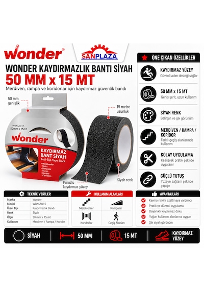 Sanplaza Wonder Wbks5015 Siyah Kaydırmazlık Bandı 50 Mm X 15 Mt Merdiven Zemin Güvenlik Bandı