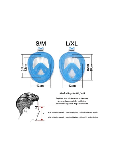 Omniax Tam Yüz Dalış Maskesi Slikon Şnorkel Full Face - Mavi - L/xl Çok Renkli