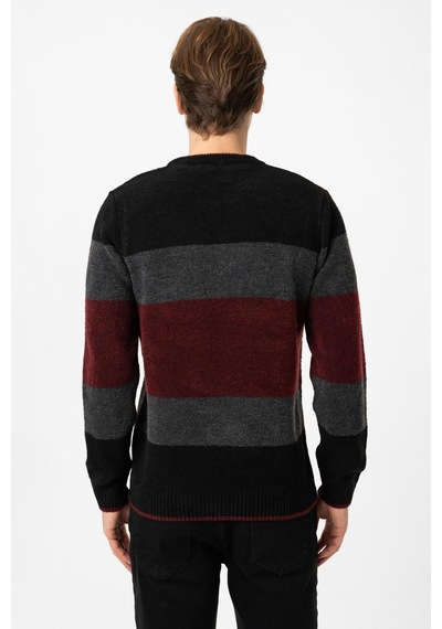 Back&bond Siyah Regular Fit Bisiklet Yaka Çizgili Triko Kazak