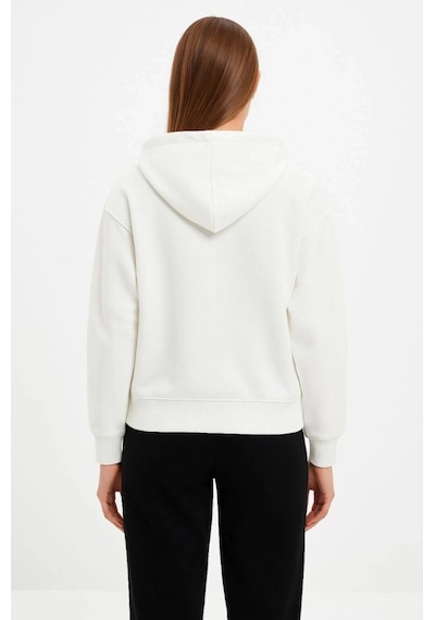 Valensdesign Oversize Kapüşonlu Sweatshirt Hoodie 3 İplik Şardonlu Pamuklu Kumaş, Önü Baskılı, Fermuarlı Rahat Ka Beyaz