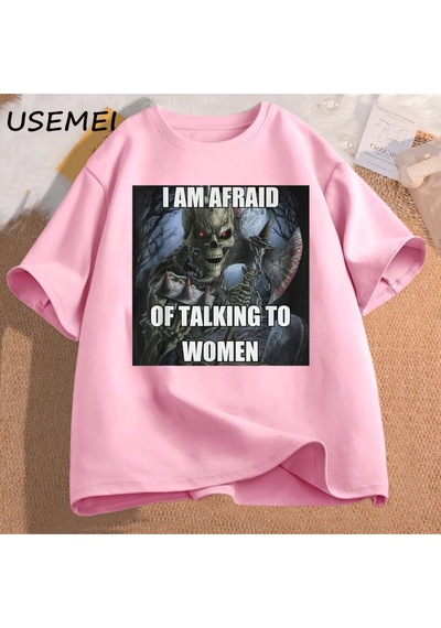 Flood Of Style Ben Kadın T-shirt Erkek Pamuk Kısa Kollu Tees İle Konuşmaktan Korkuyorum Komik Sert İskelet M Pembe