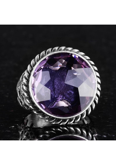 925 Ayar Gümüş Erkek Yüzük - El Yapımı Amethyst Yapay Taş Yüzük - Modern Tasarım Gümüş