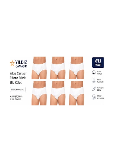 Yıldız Çamaşır Erkek Ribana Slip Külot 07 - 6 Adet Beyaz