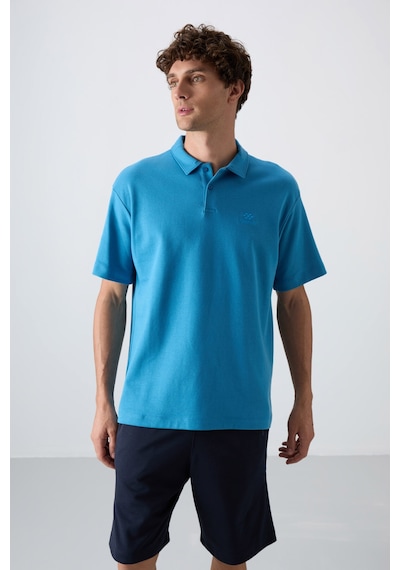 Tommy Life Petrol Mavi Pamuklu Kalın Yumuşak Dokulu Oversize Fit Basic Polo Yaka Erkek T-shirt - 88327 Petrol Mavi
