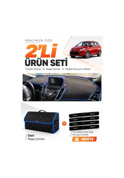 Ford C-max 2010-2014 Double Ekran Uyumlu Torpido Örtüsü + Deri Bagaj Çantası Seti - Siyah Mavi