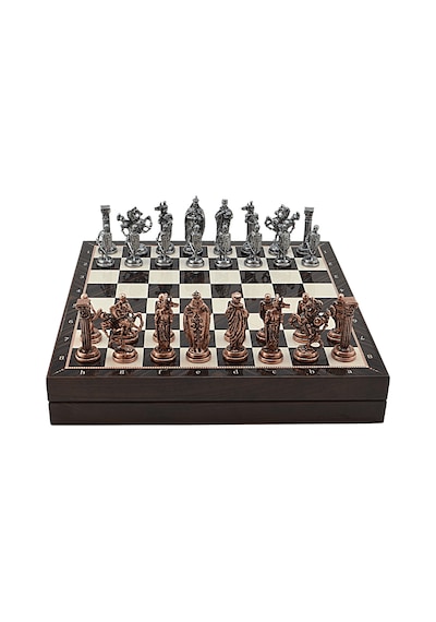 Gifthome Büyük Boy Metal İngiliz Satranç Takımı Antik Ve Ceviz Desenli Sandıklı Mdf Tahtası 36x36x6 Cm.