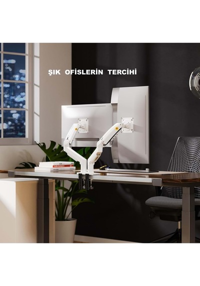Nb F160 Beyaz 17-27" Çift Kol Monitör Tutucu 2-9 Kg Amostisörlü Vesa Monitör Standı