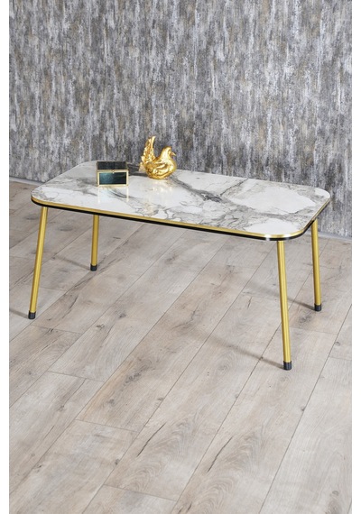 Zigon Sehpa Ve Orta Sehpa Kr Set Çift Gold Metal Beyaz Mermer Desen