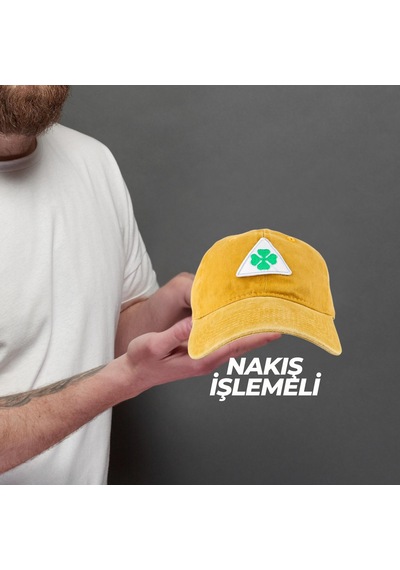 Perlotus Vintage Yıkamalı Pamuk Şapka Dört Yapraklı Yonca Nakışlı Sarı Sarı