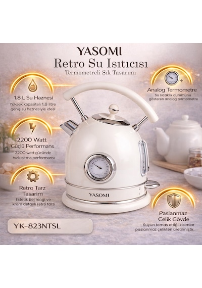 Yasomi YK-823NTSL 2200 W 360 Döner Taban Kablosuz Kullanım Retro Su Isıtıcı