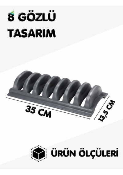 Beylini Tezgah Üstü 8'li Tabaklık Kurutmalık Stand Dolap Çekmece İçi Tabak Organizeri Standı Bulaşık Düzenleyici 13x35 Cm Antrasit