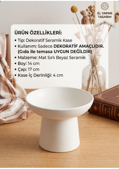 Minimalist Tasarım Dekoratif Seramik Kase & Vazo Ters Çevrildiğinde 2 Fonksiyonlu Mat Beyaz Modern Masa Aksesuarı 17x14 Cm