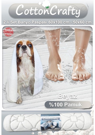 %100 Pamuk Dokuma Su Emici Banyo Paspas Seti, Banyo Halısı Vera 2 Li Set 60x100-60x50 Beyaz Diğer
