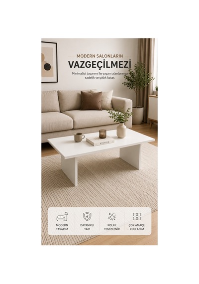 Nordıc Modern Beyaz Orta Sehpa Minimalist Salon Sehpası 90x45x40 Cm Beyaz Beyaz