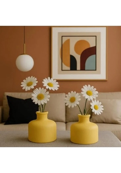 Mat Dekoratif Mini Vazo Seti, 2'li Pastel Sarı Açık Ahşap